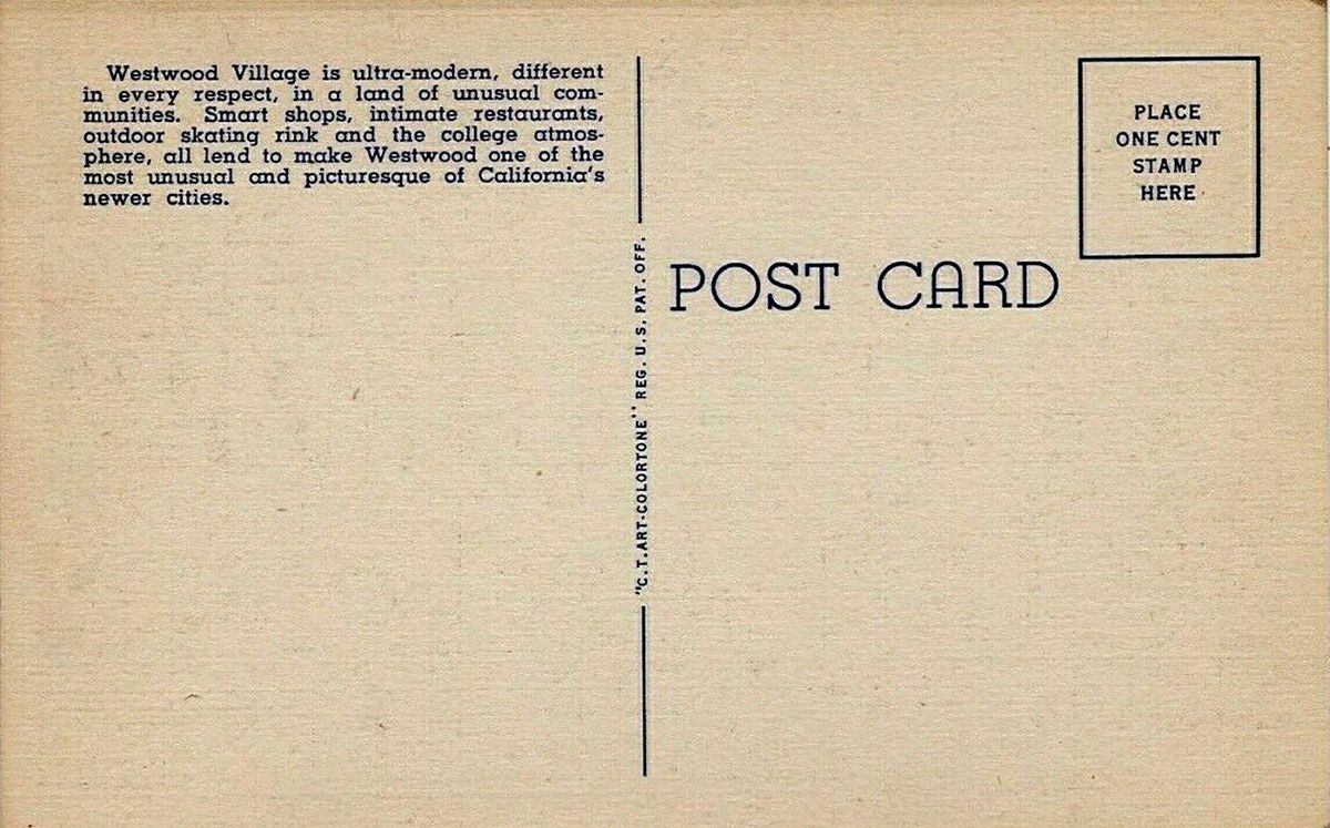 Back of vintage Westwood Village postcard