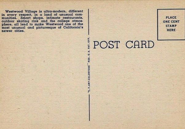 Back of vintage Westwood Village postcard