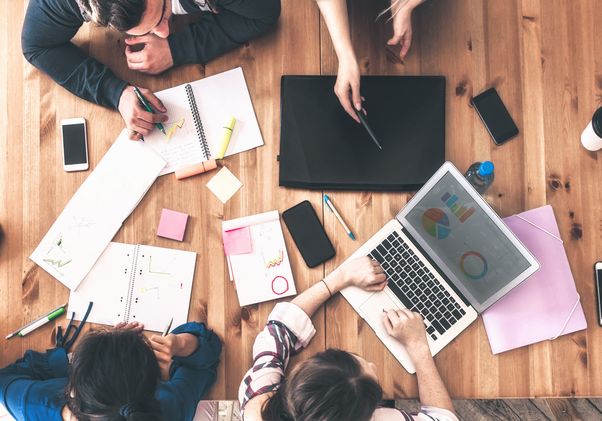 Group desk overhead view 