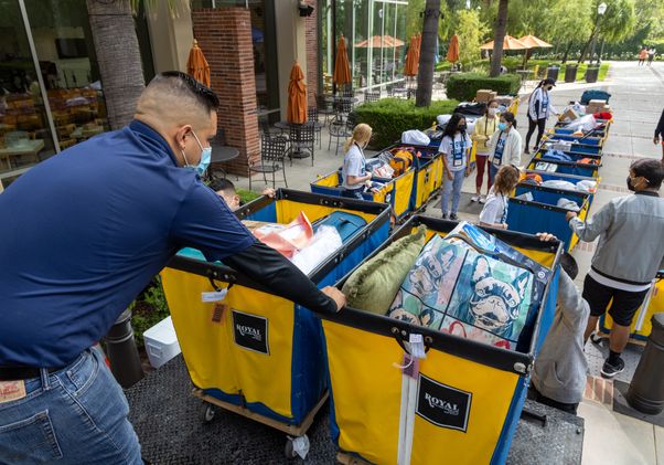 Line of bins for UCLA move-in 2021