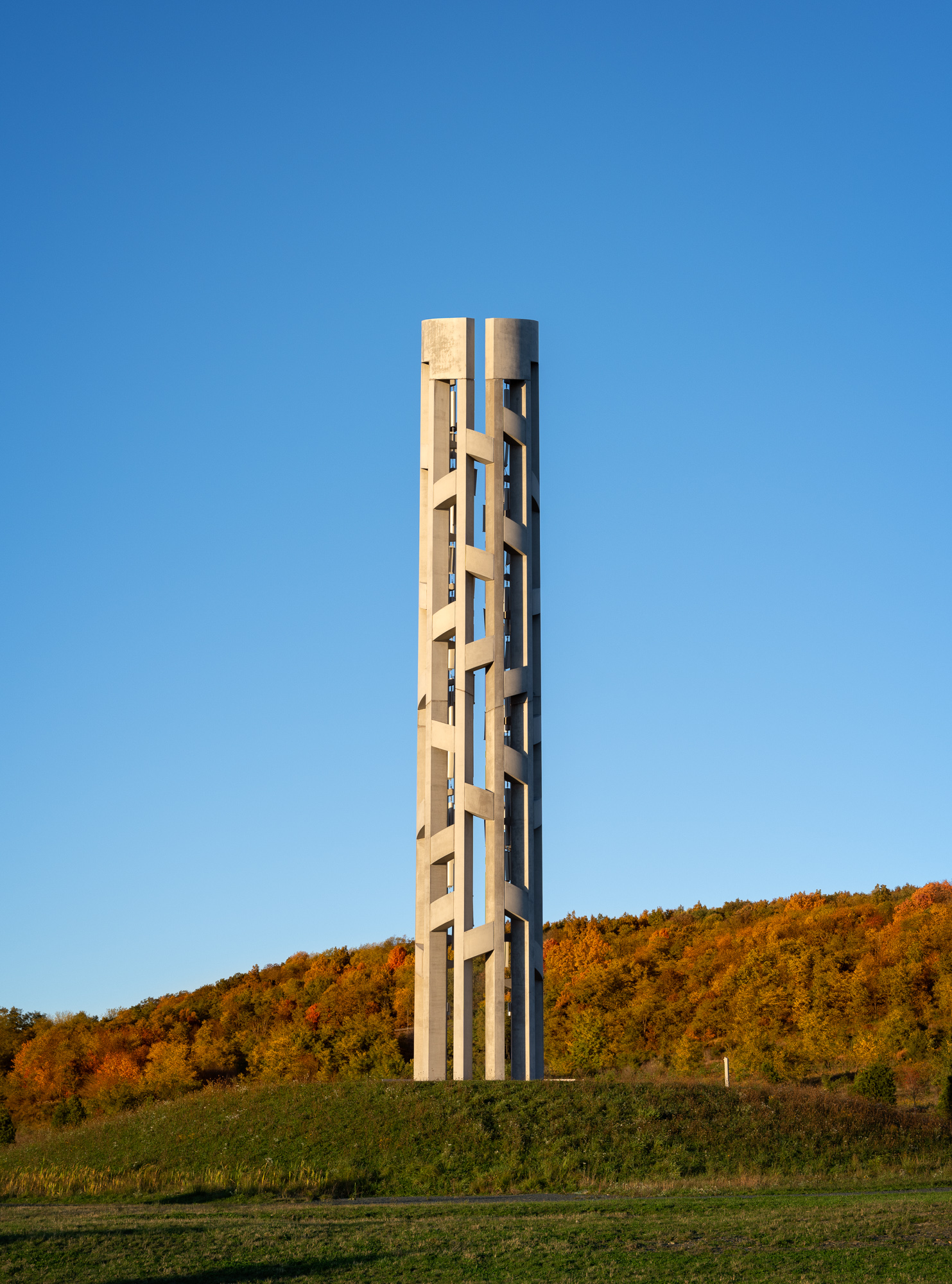 The 93-foot tower stands as a beacon at the gateway to the memorial park. “We wanted to introduce something near the entrance to really begin the memorial experience,” Murdoch said. Wide vertical shot of the Tower of Voices at the entrance to the Flight 93 National Memorial