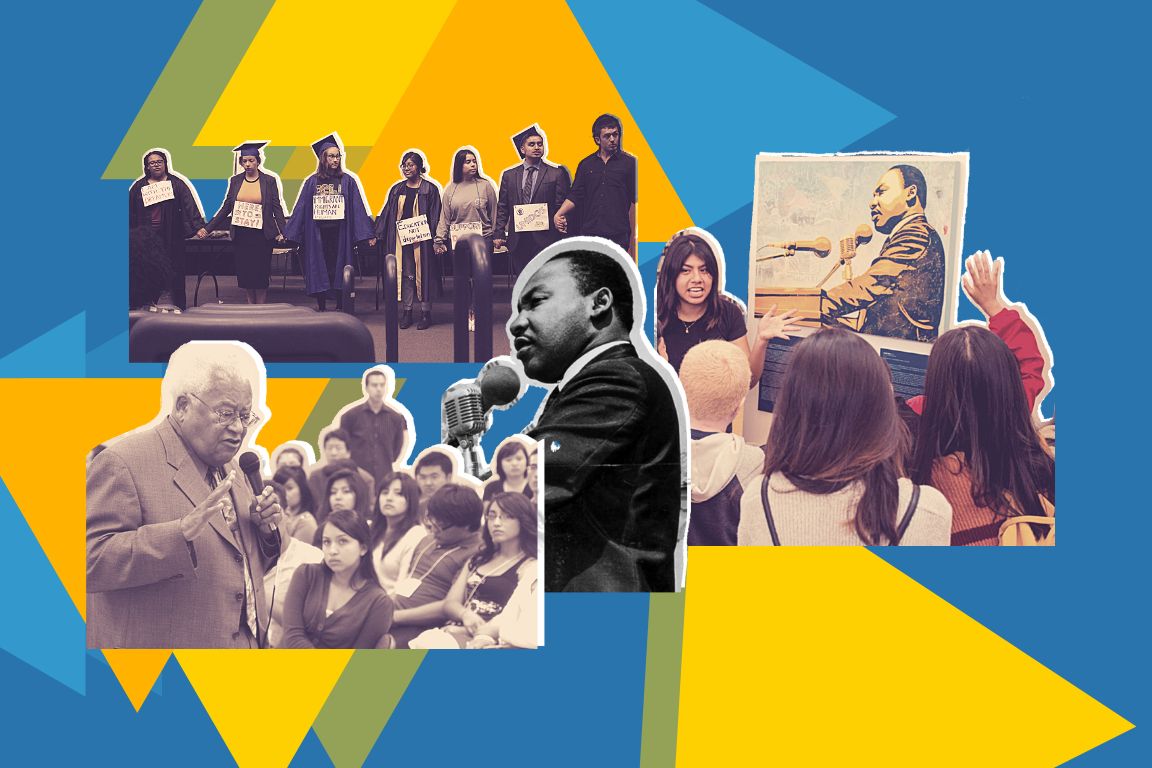 A collage on a blue, yellow, and teal geometric background featuring images of graduates holding signs, a black-and-white photo of Martin Luther King Jr. at a microphone, an older man addressing a crowd, and a student displaying a painting of Dr. King.