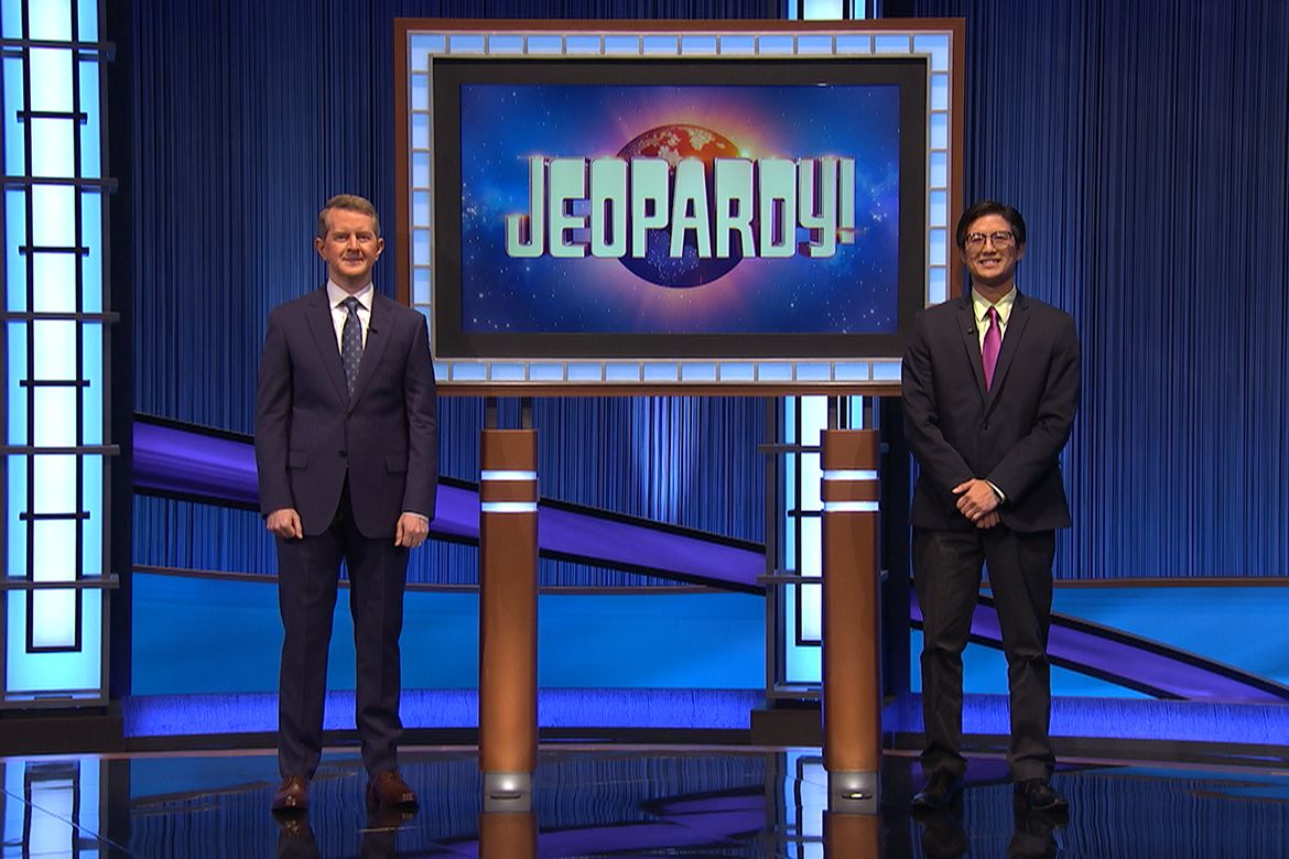 Hung Pham, right, with Jeopardy host Ken Jennings