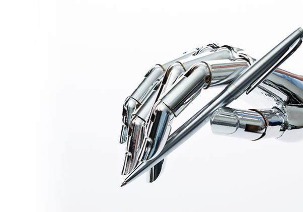 Photo illustration of a robotic hand holding a silver pen