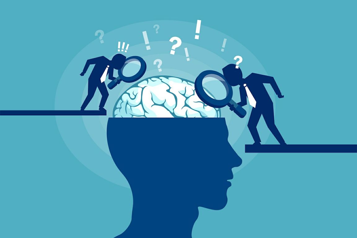 Graphic of men looking at brain with magnifying glasses