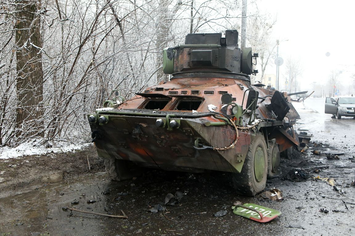 Damaged military vehicle on outskirts of Kharkiv, Ukraine