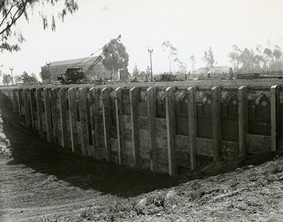 A retaining wall helped support the bridge. Arroyo Bridge retaining wall