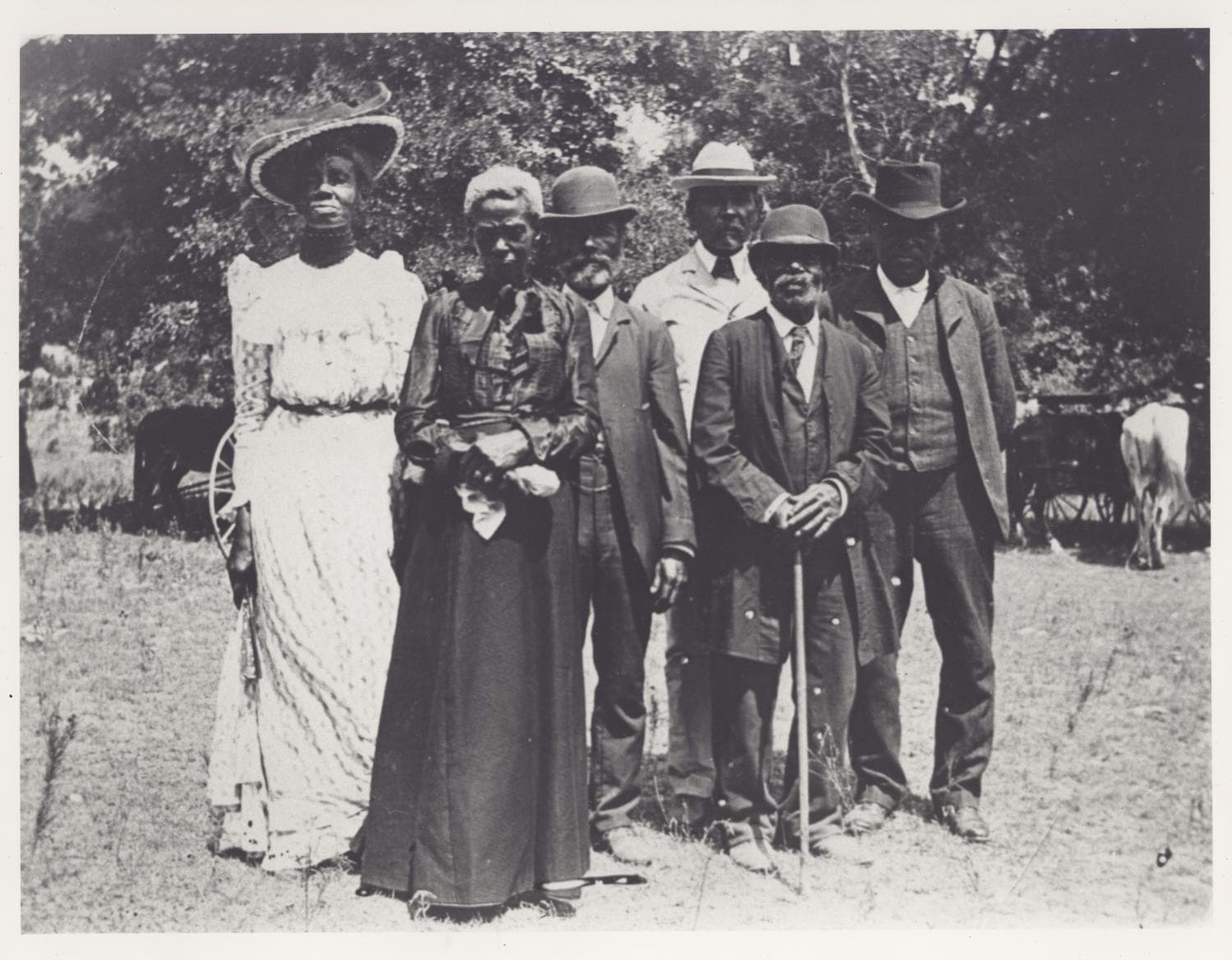 Historic black-and-white photograph of six Black adults standing outdoors in formal early 20th-century attire. Two women wear long dresses and hats, while four men wear suits and brimmed hats, posing together in a grassy area with trees behind them.