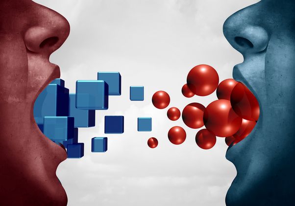 Graphic of two mouths emitting red and blue shapes