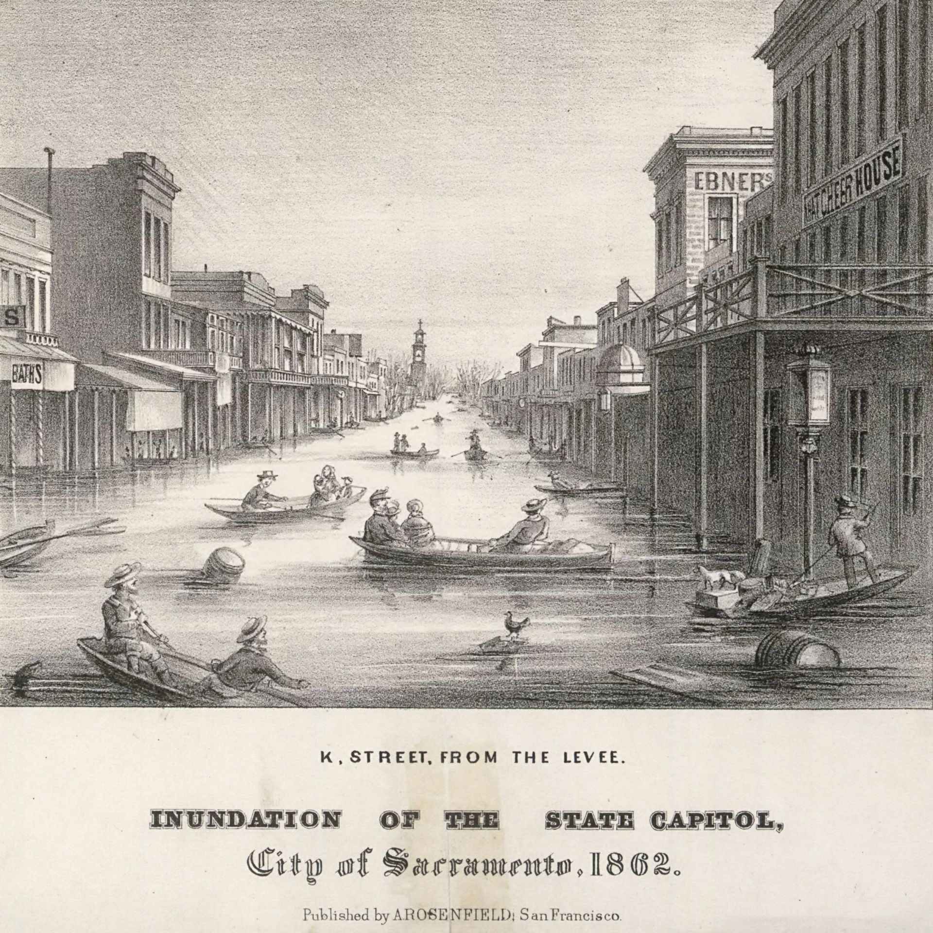 Grayscale lithograph of K Street flooding in Sacramento 1862