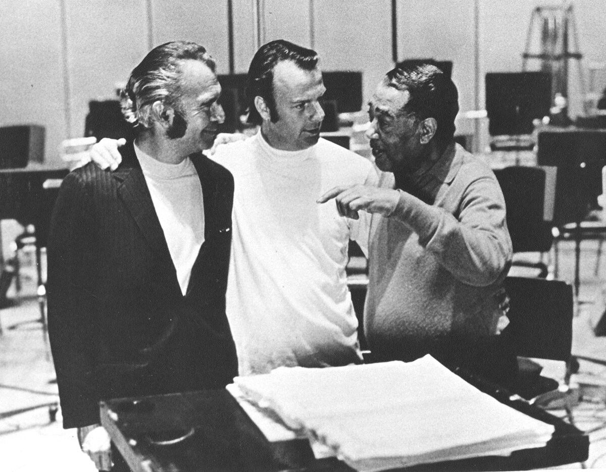 Dave Brubeck with Erich Kunzel and Duke Ellington at The Gates of Justice recording session, Cincinnati, Ohio. 
