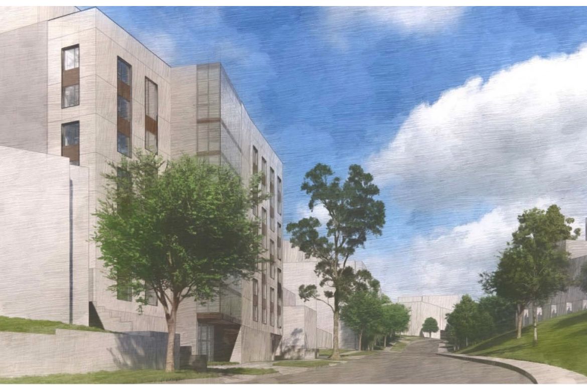 Photo Rendering of Gayley Towers redevelopment, looking west up