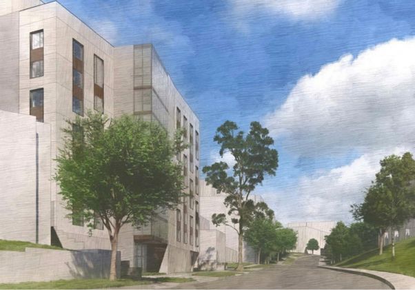 Rendering of Gayley Towers redevelopment, looking west up Gayley Avenue