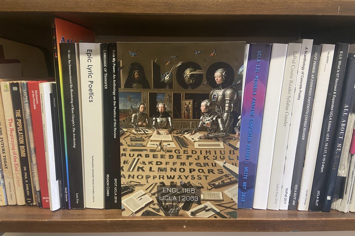 “Algo Lit” book cover showing humanoid robots and letters from the alphabet, on bookshelf