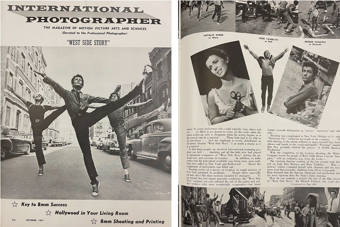 Black-and-white pages from International Photographer magazine show three “West Side Story” dancers on left page and pictures of the film’s stars on the right