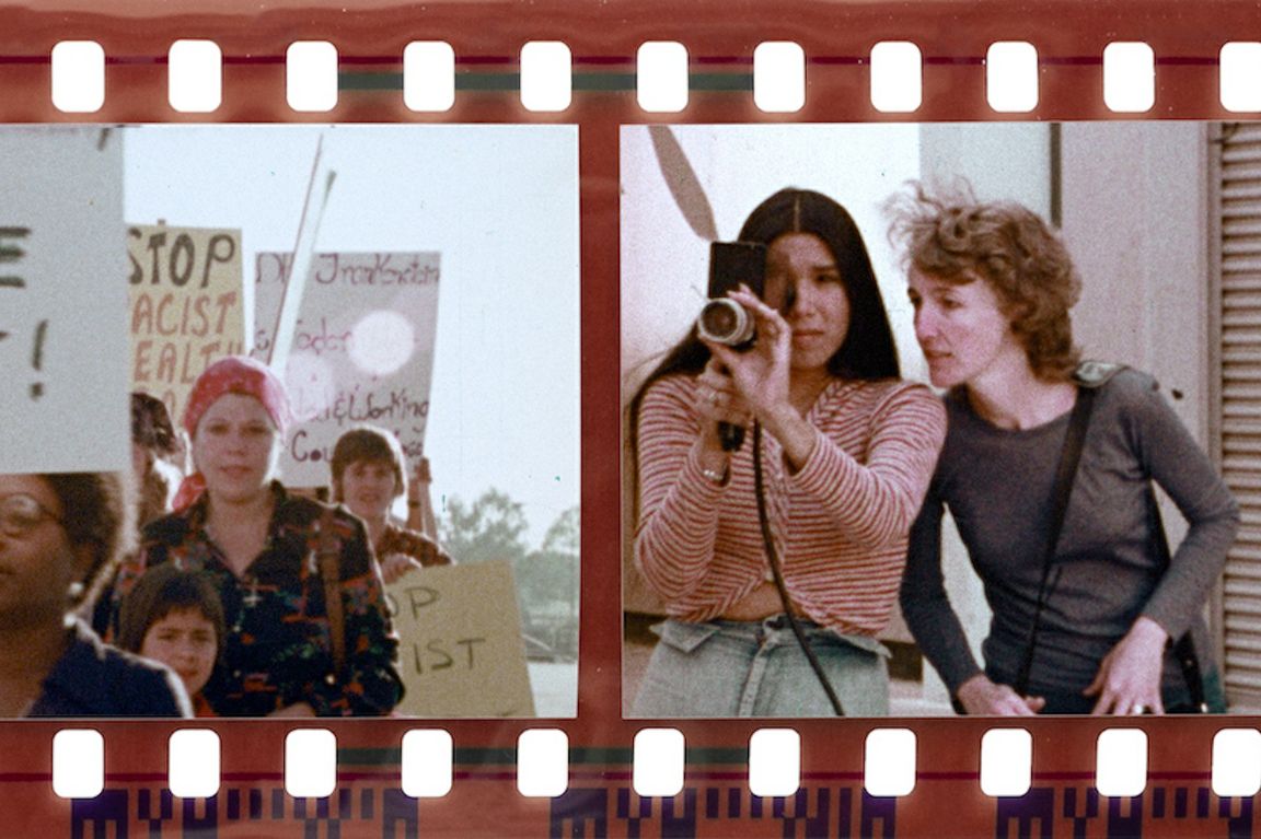 Two stills from the documentary “We’re Alive” showing a march outside a women’s prison and two of the filmmakers.