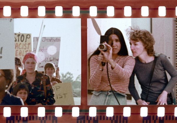 Two stills from the documentary “We’re Alive” showing a march outside a women’s prison and two of the filmmakers.