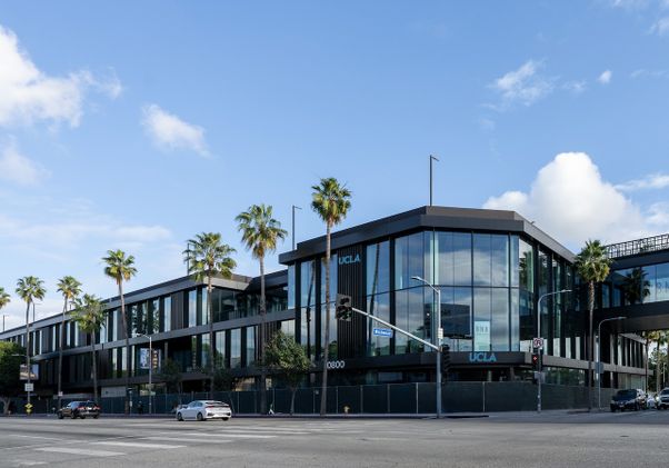 Wide shot of the exterior of the property from Pico Boulevard