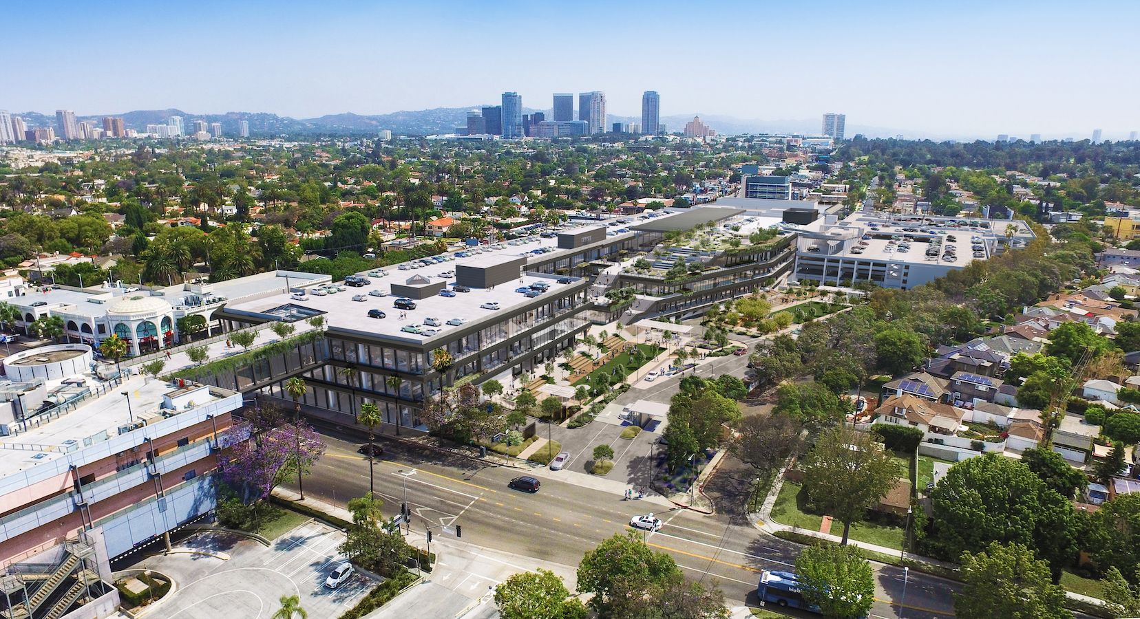 Aerial view of entire property with high rises of Century City in the background