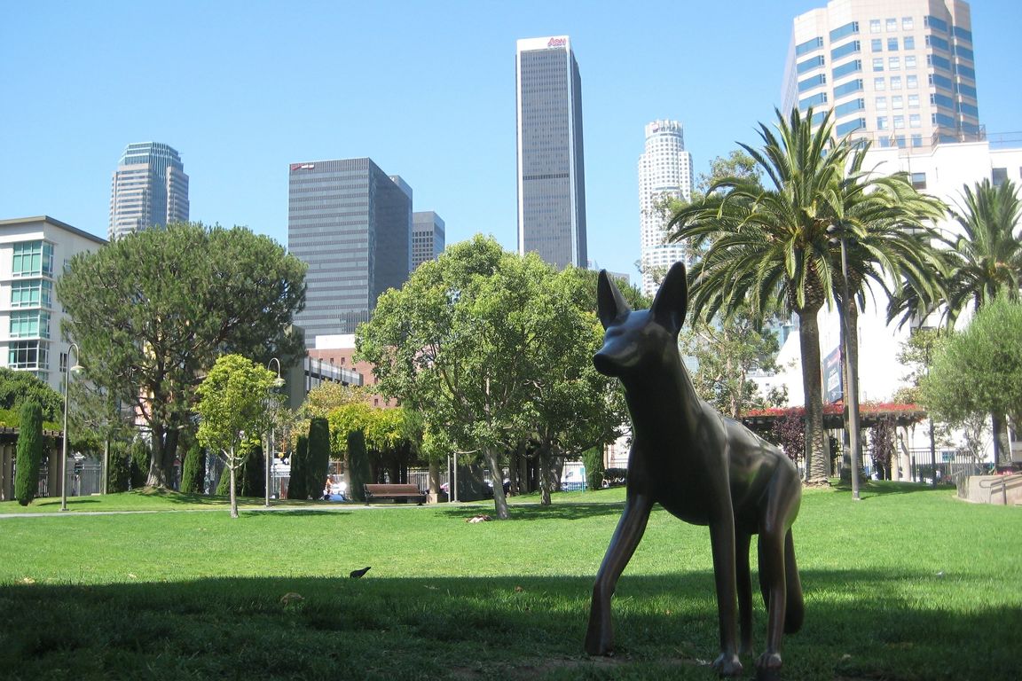 Grand Hope Park with the skyline of downtown Los Angeles in background
