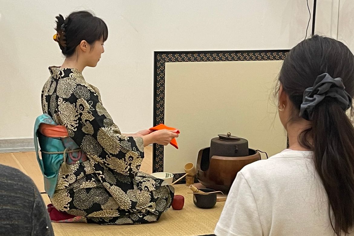 Kaoru Kuribayashi wears a kimono as she prepares for a Japanese tea ceremony