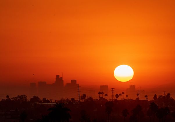 A large, glowing sun sets behind the silhouetted skyline of Southern California, casting the sky in deep shades of orange and red over palm trees and power lines.