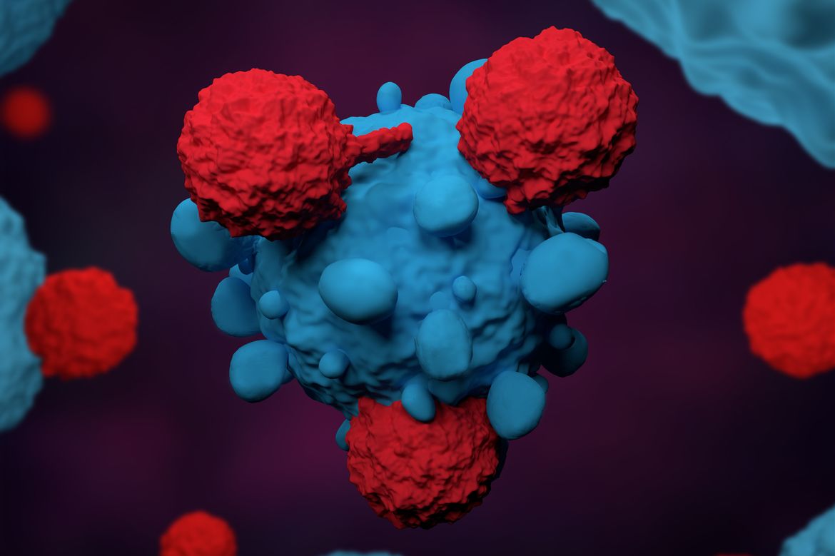 T cells attacking cancer cell