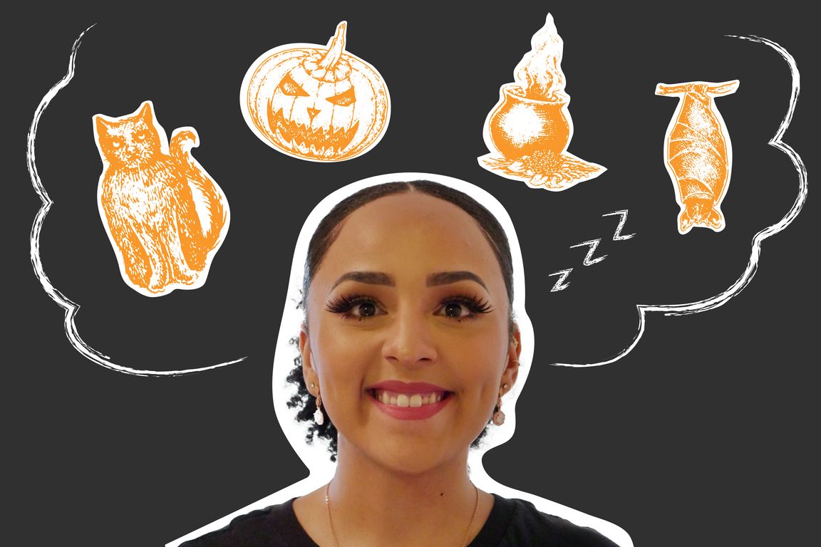 Cutout of Shantée Ayala Rosario with images of a cat, jack-o’-lantern, cauldron and sleeping bat 