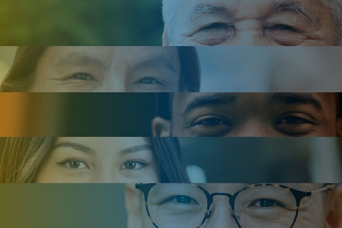 Five horizontal sections, each featuring a closeup on a person's eyes