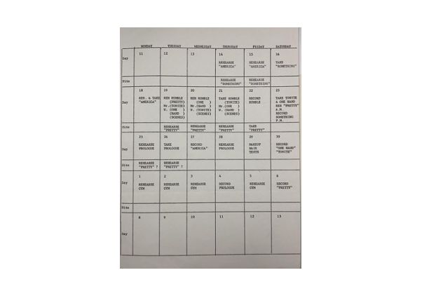 Grid showing “West Side Story” shooting schedule