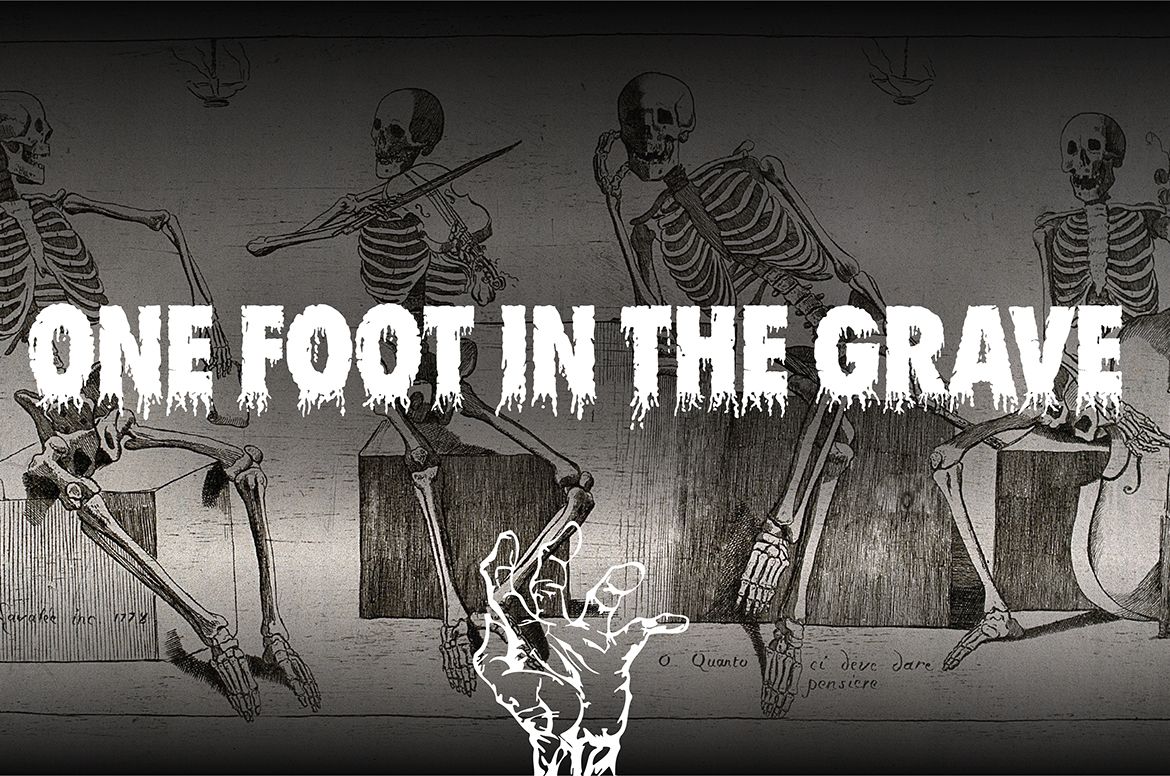 Four skeletons, one playing a violin and another a cello