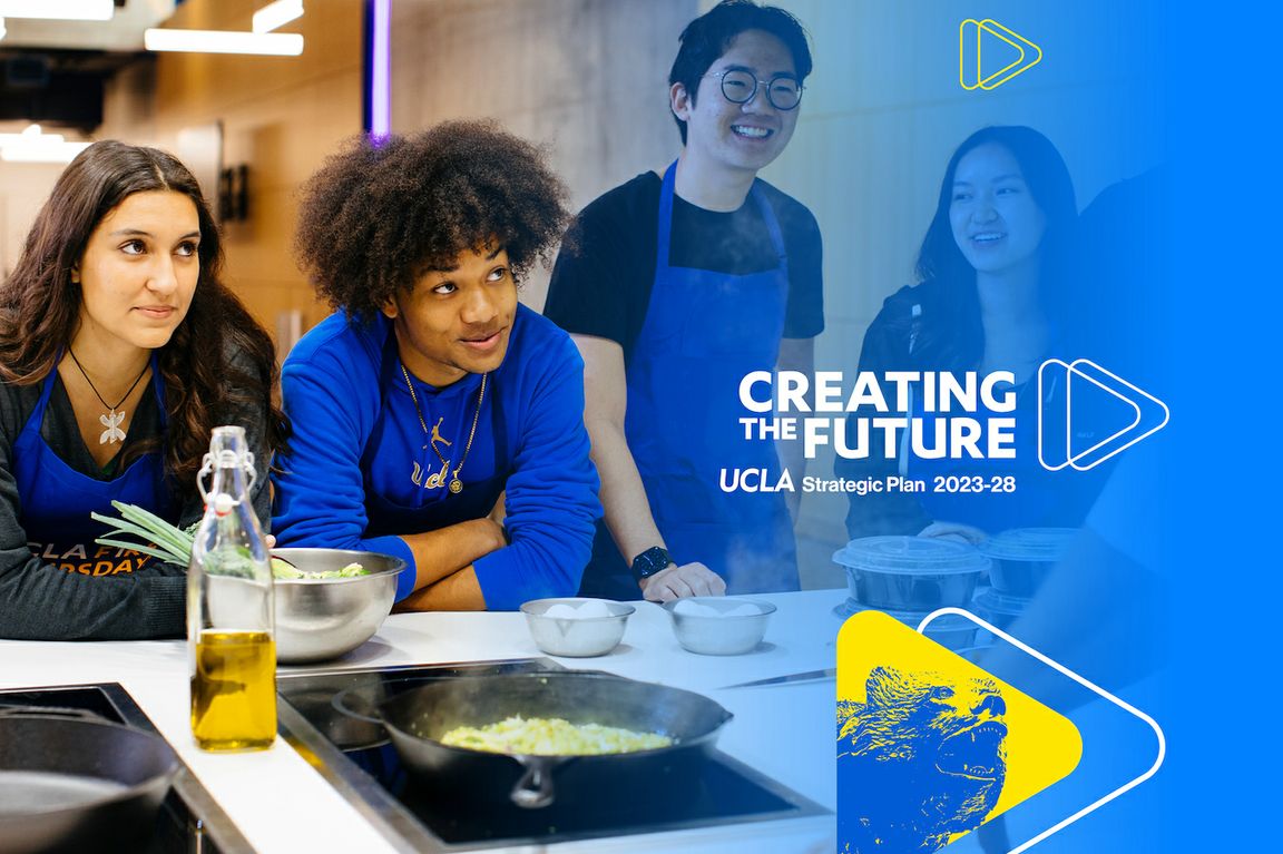 UCLA strategic plan — four students in blue aprons stand in front of bowls and food on stove