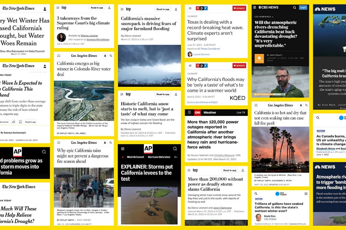 Collage featuring webpages of major media coverage of UCLA Wildfire & Climate Weekly