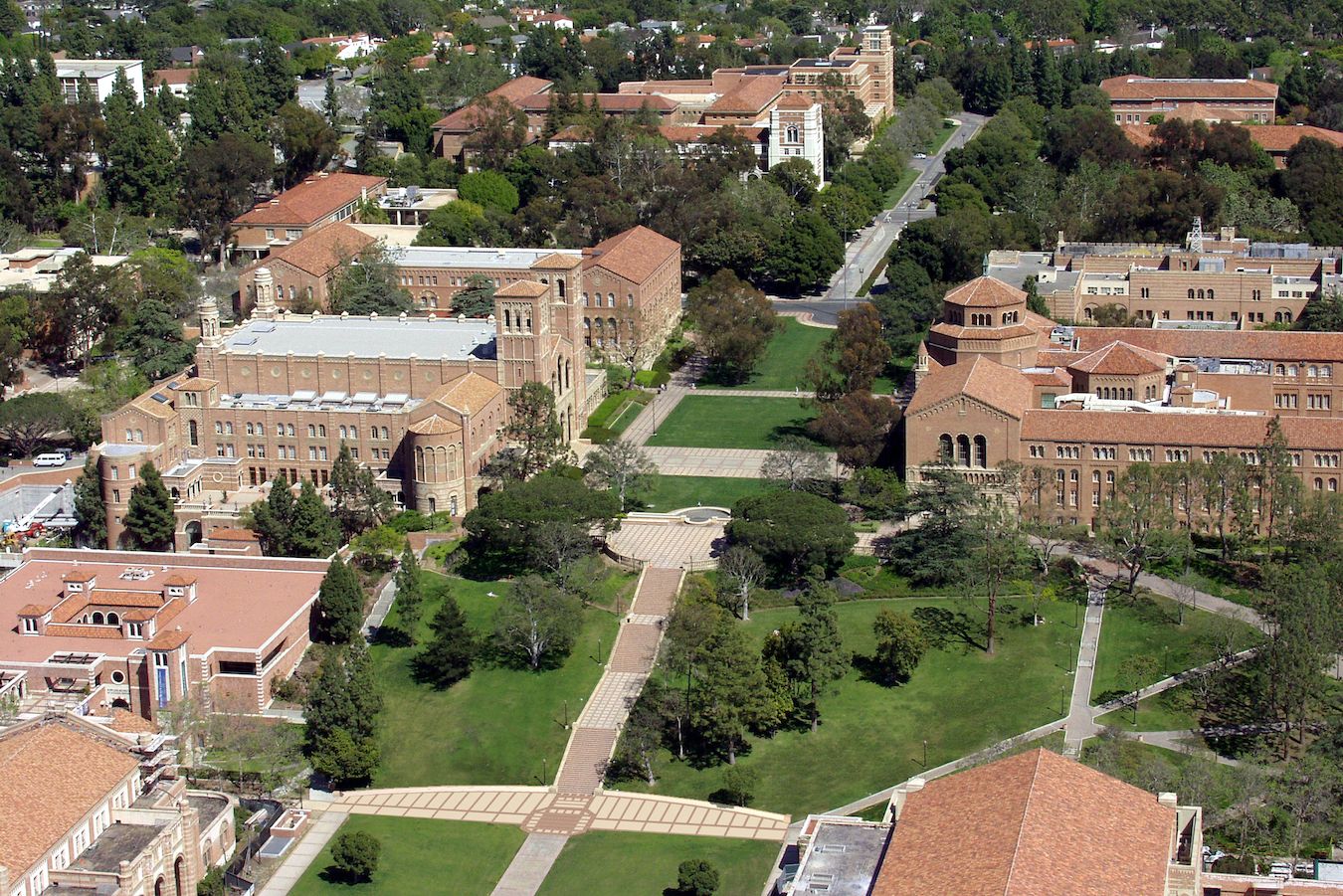 Aerial photo including Janss Steps, Dickson Plaza, Royce Hall and Powell Library