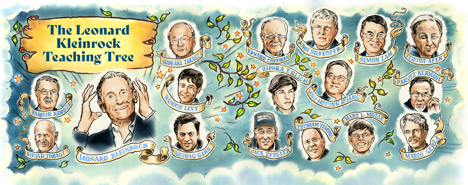 Leonard Kleinrock is among the influential figures celebrated in this illustrated “Internet Tree,” which recognizes researchers and innovators whose contributions helped shape the development of the internet.
