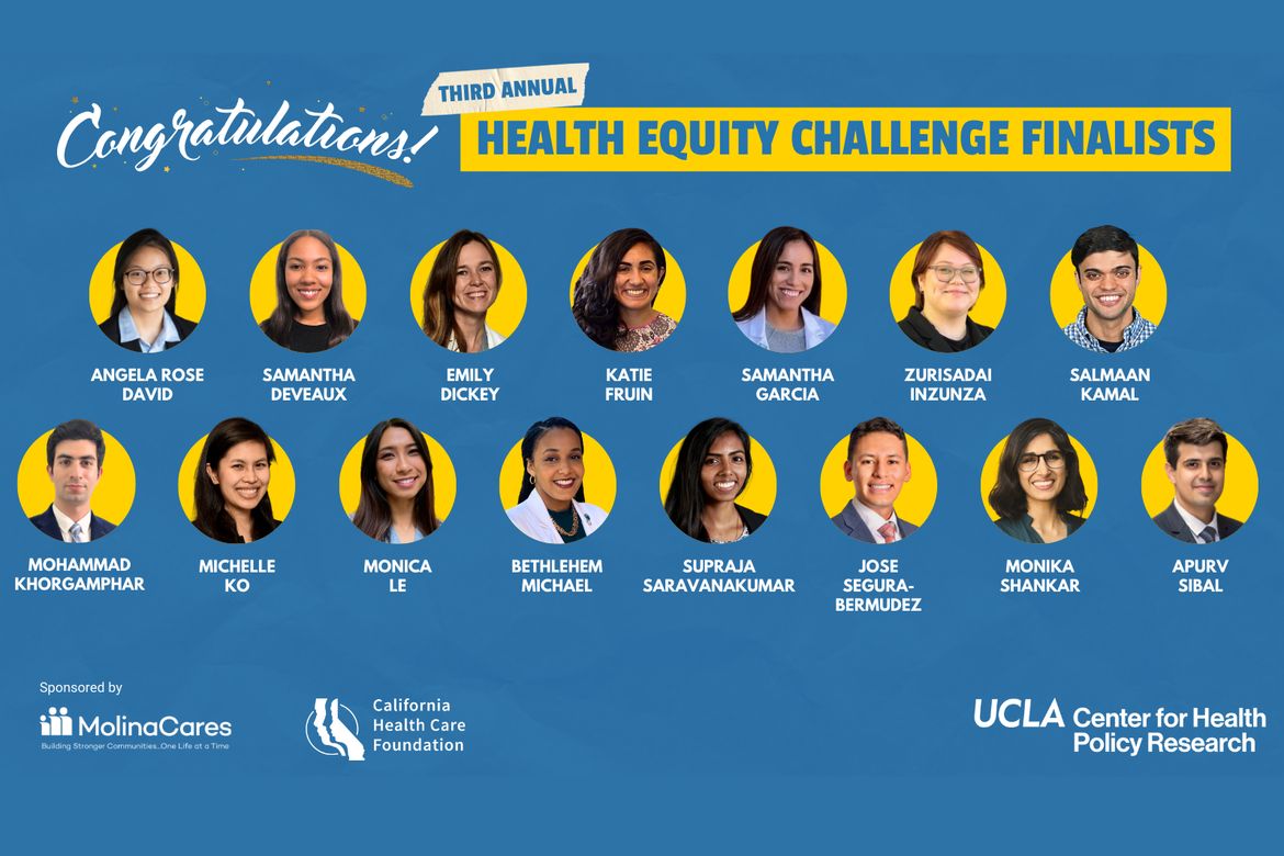 Headshots of the 15 Health Equity Challenge finalists on blue background