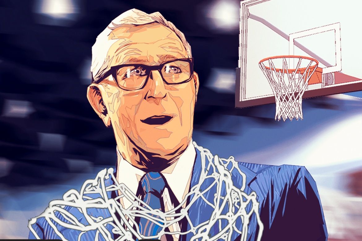 Comic-book image of Coach Wooden with net around his shoulders