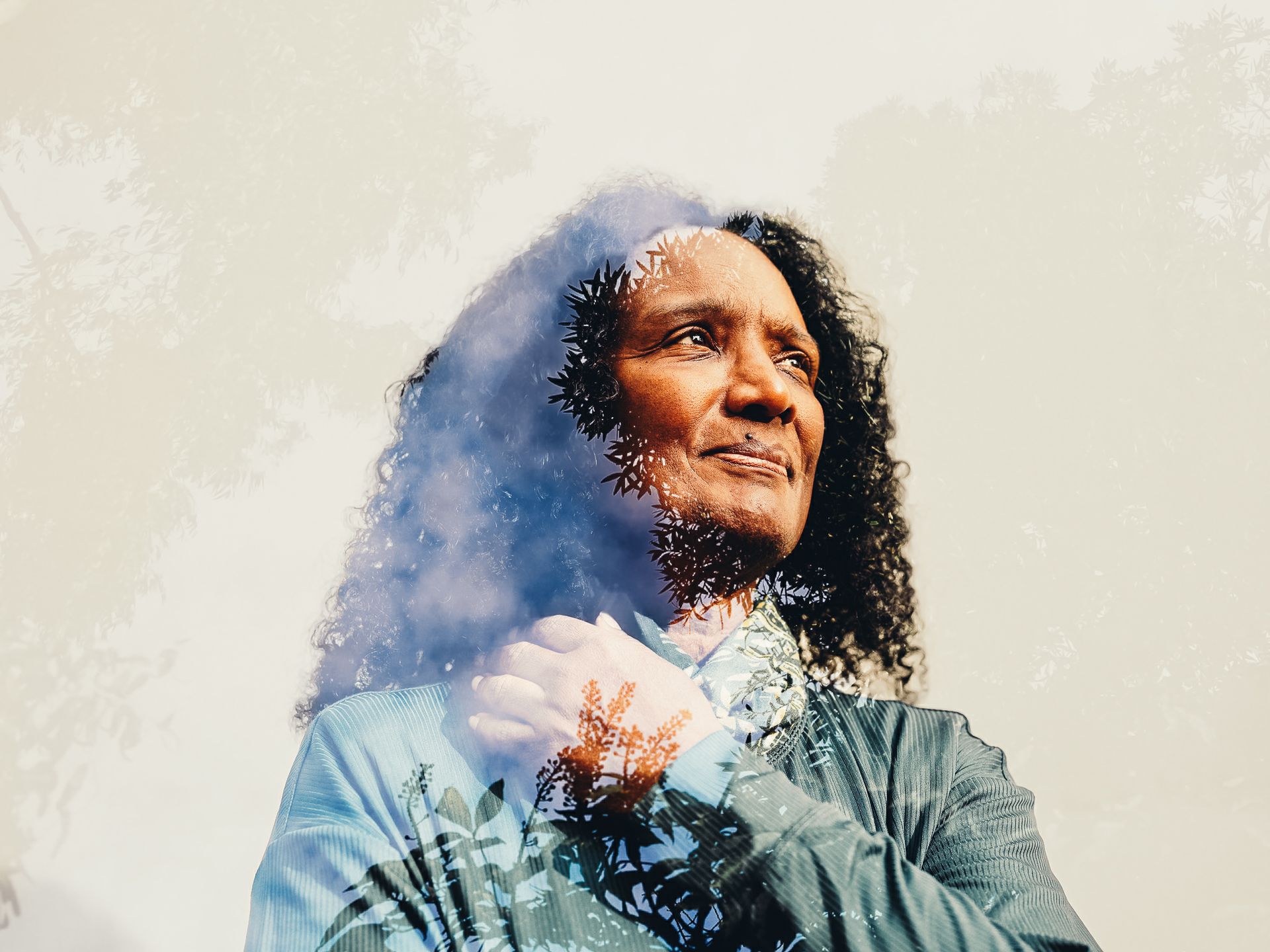 Harryette Mullen portrait with overlay of nature images