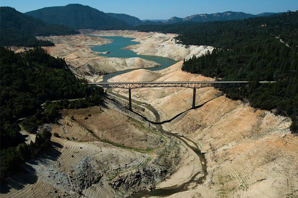 Bridge over a dried-up lake in the mountains
