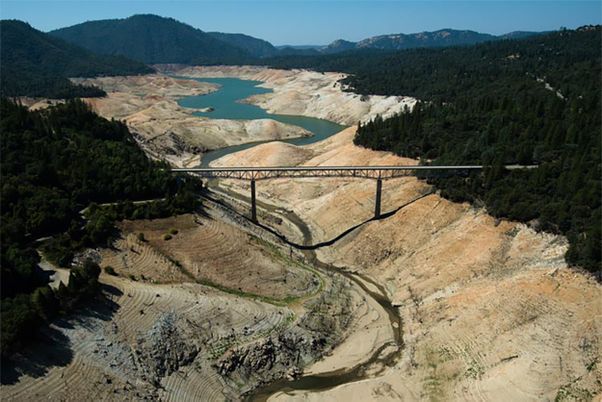 Bridge over a dried-up lake in the mountains