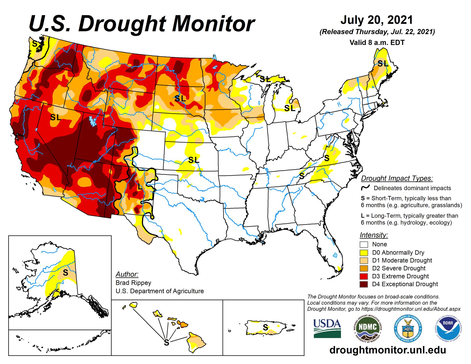 Map of U.S. showing drought levels in western half