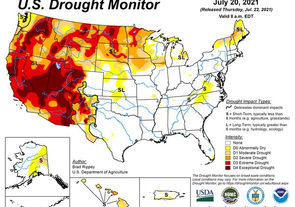 Map of U.S. showing drought levels in western half