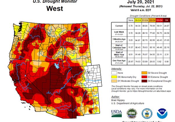 Map of western half of U.S. showing drought levels