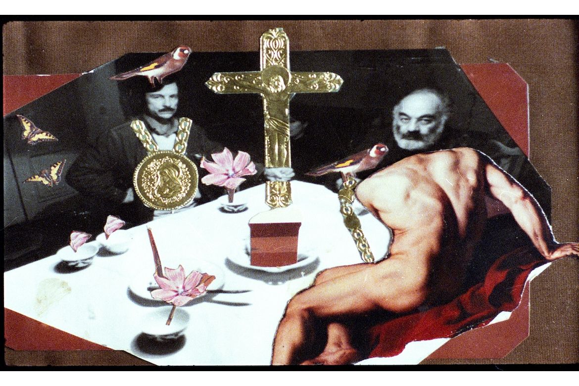 Collage including two men at a table, birds, gold medallion, crucifix, cake, flowers and butterflies 
