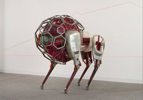 Red and silver sculpture with four 