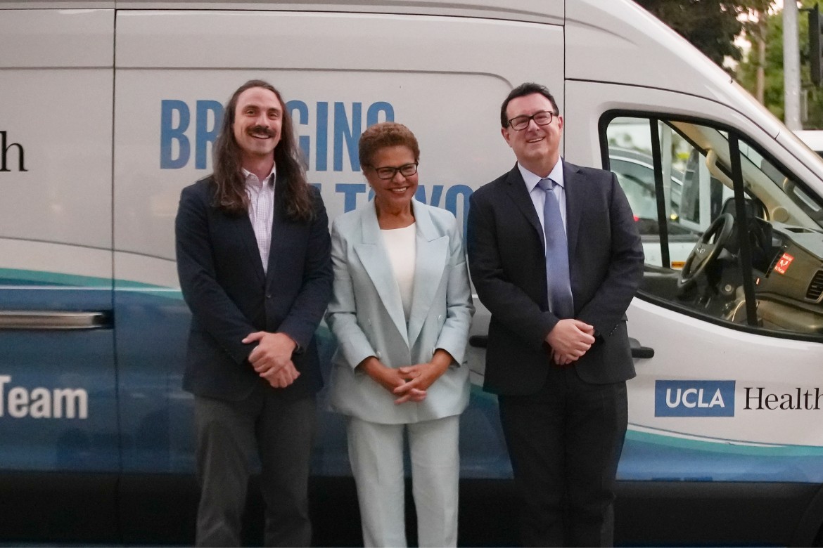 From left: Brian Zunner-Keating, director of the UCLA Health Homeless Healthcare Collaborative; Mayor Karen Bass; and Michael Altschule, executive director of government relations for UCLA Health.