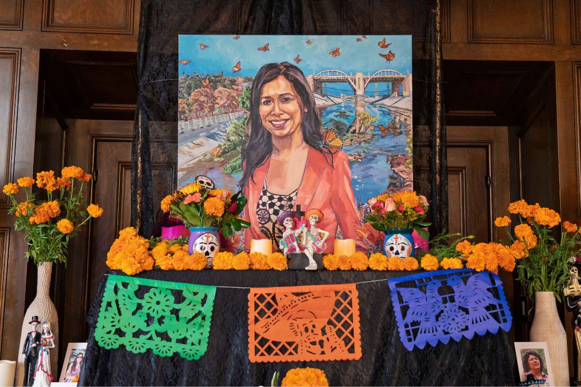 Kiara Aileen Machado’s portrait of Cindy Montañez, the former San Fernando councilwoman and former California assemblywoman, sits atop an ofrenda.     