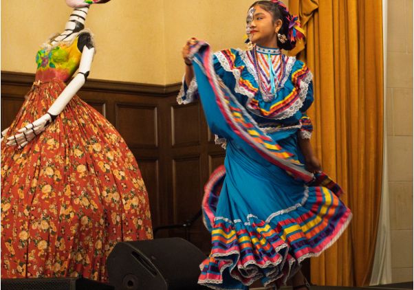 Ballet Folklorico Flores Migrantes dancing inside Kerckhoff Hall Grand Salon.  