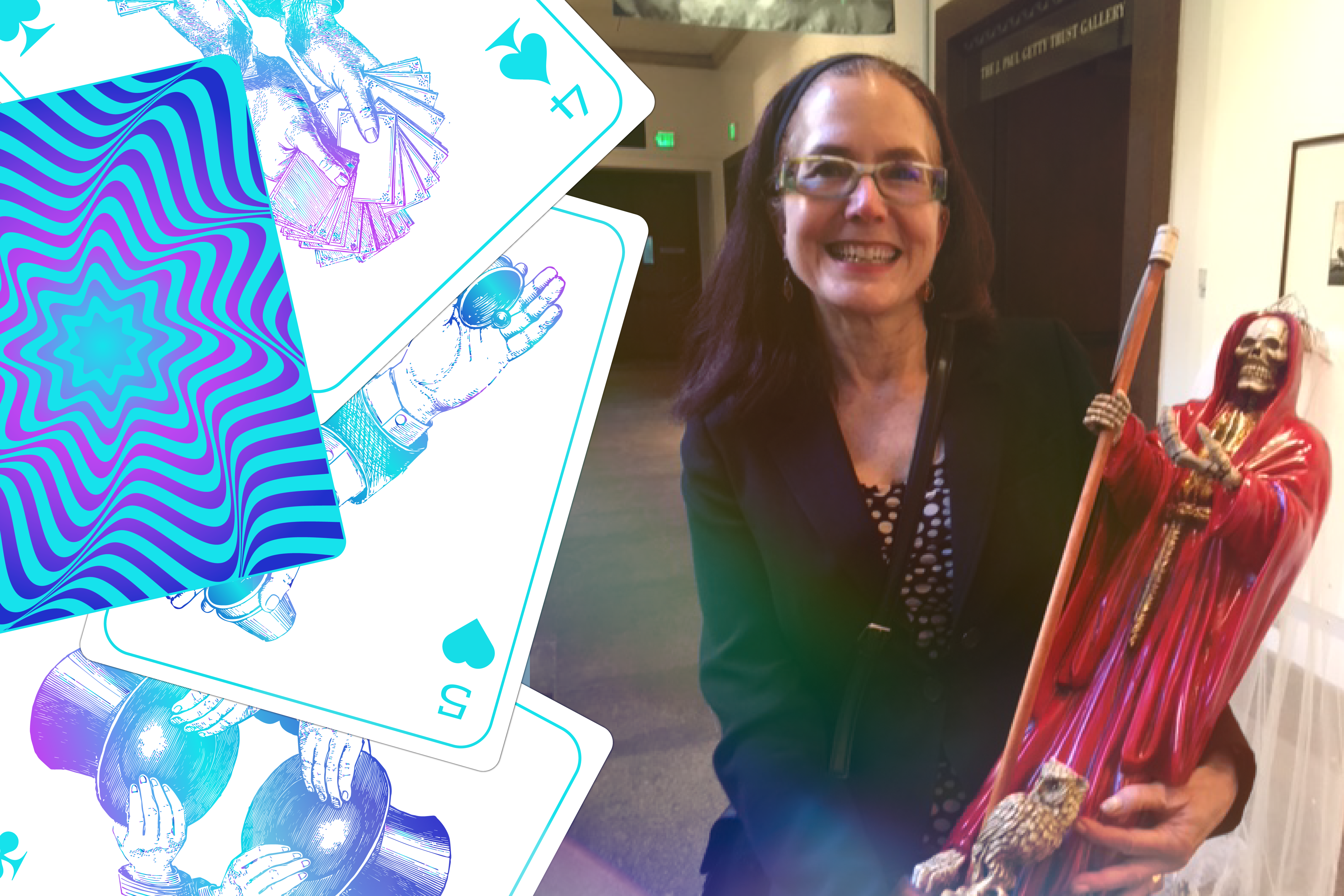 Robin Berby holding a skeleton statue. Four illustrated playing cards on the left half of the photo.