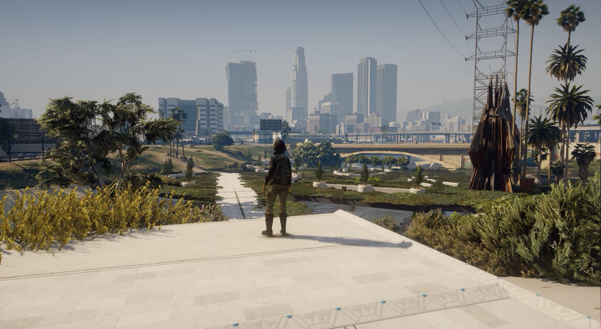 “Grand Theft Eco” character overlooking Los Angeles
